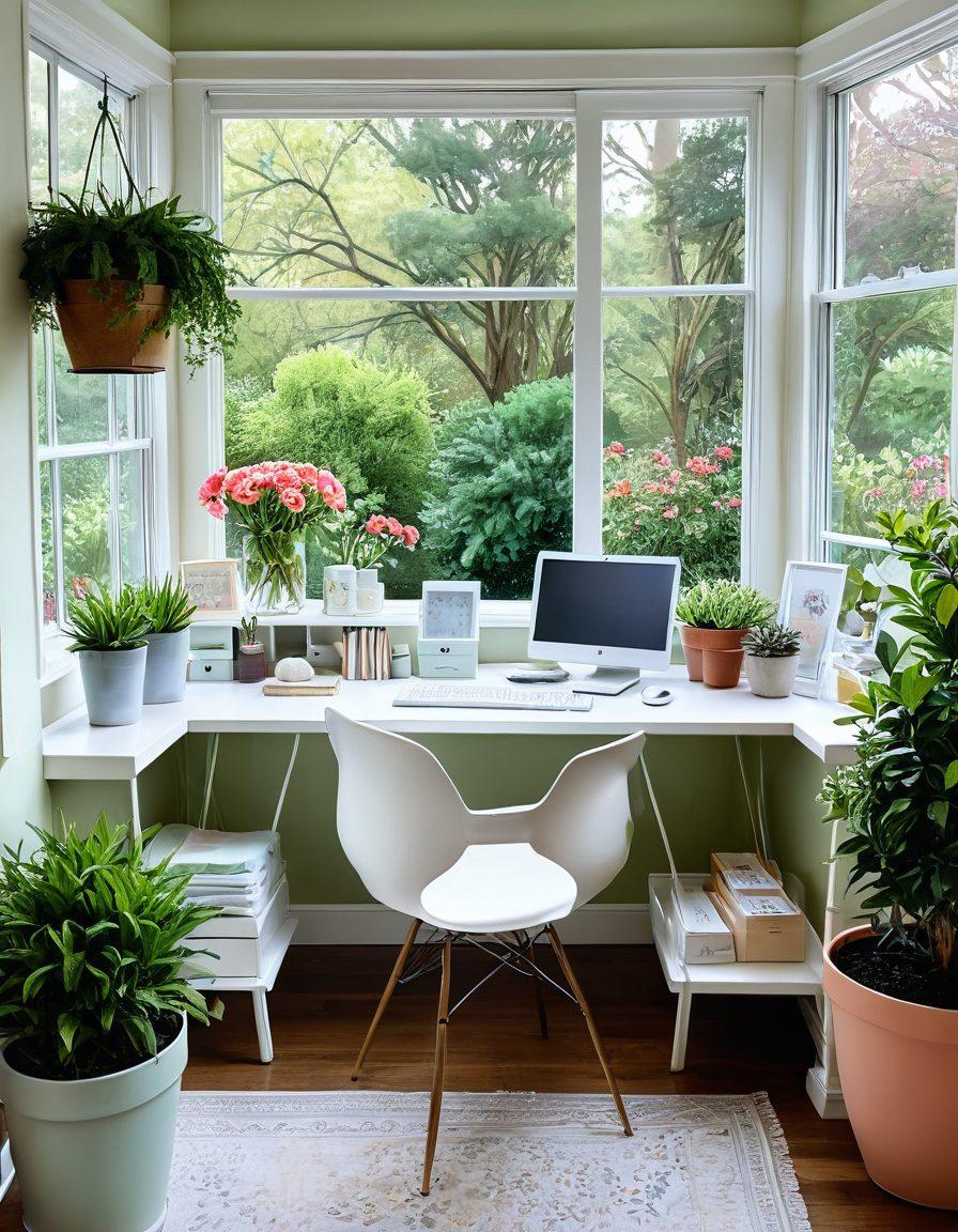 A serene and colorful landscape depicting a balance between budgeting and beauty. On one side, a peaceful home office with budgeting tools like a calculator and charts, seamlessly blending into a vibrant garden filled with blooming flowers and holistic beauty icons like skincare products and fresh ingredients. The scene embodies empowerment and harmony, inviting a connection between financial wellness and self-care. watercolor style. soft pastels. natural lighting.