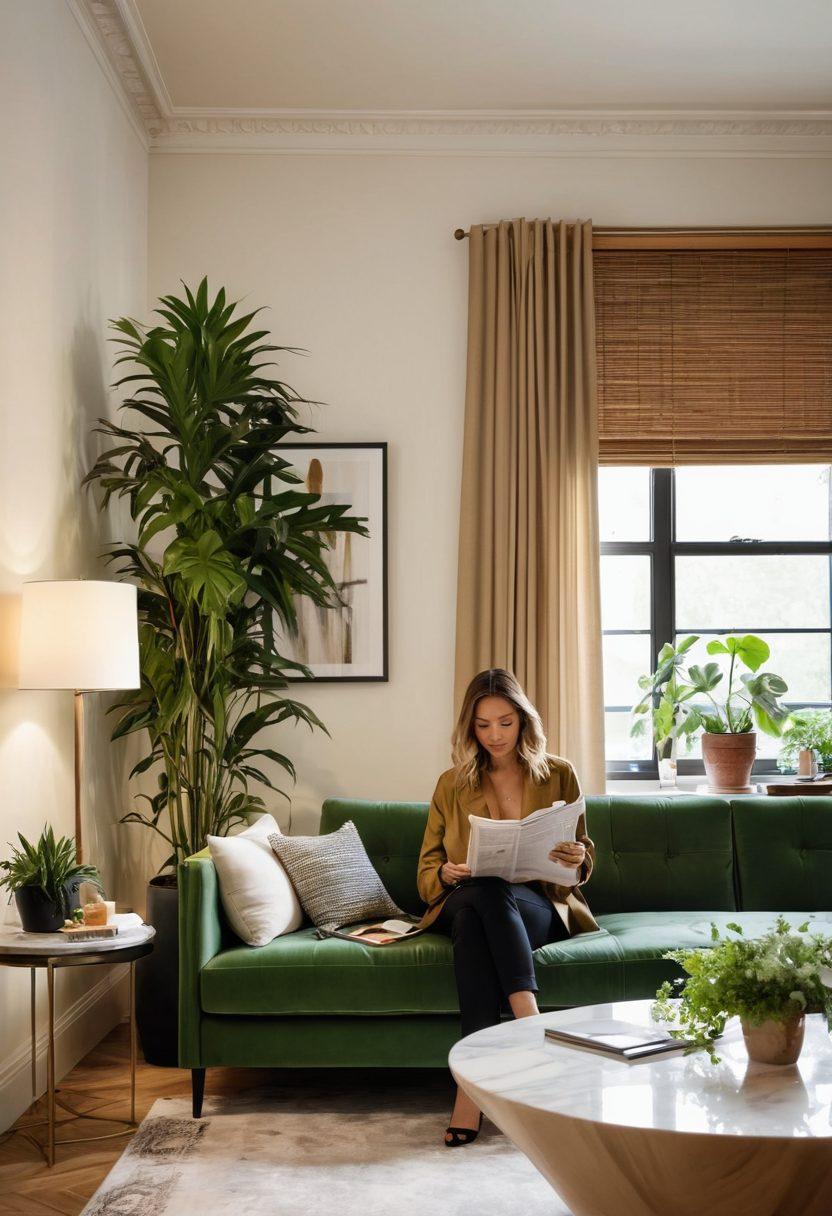 A chic and modern living space adorned with elegant fashion pieces, showcasing a confident woman in stylish attire balancing a trendy purse in one hand and financial documents in the other. Soft, warm lighting illuminates the room, with lush plants and a stylish sofa in the background, blurring the lines between luxury and empowerment. Emphasize a harmonious blend of money management and fashion aesthetics. super-realistic. vibrant colors. contemporary style.