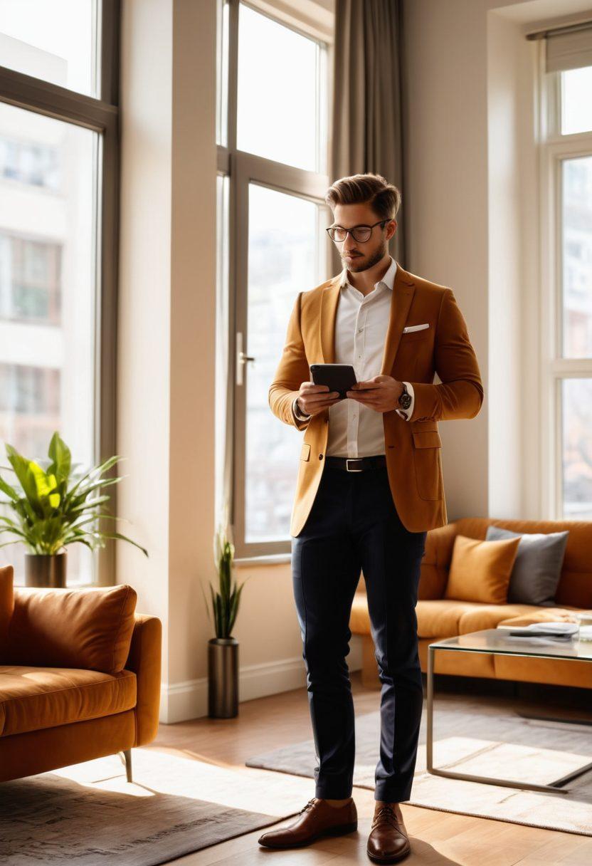 A confident, stylish young professional standing in a modern, chic apartment, surrounded by elements of financial success such as a laptop, stock market graphs, and elegant decor. The person holds a smartphone displaying growth in savings, exuding ambition and power. Sunlight filters through large windows, highlighting a luxurious lifestyle. vibrant colors. super-realistic.